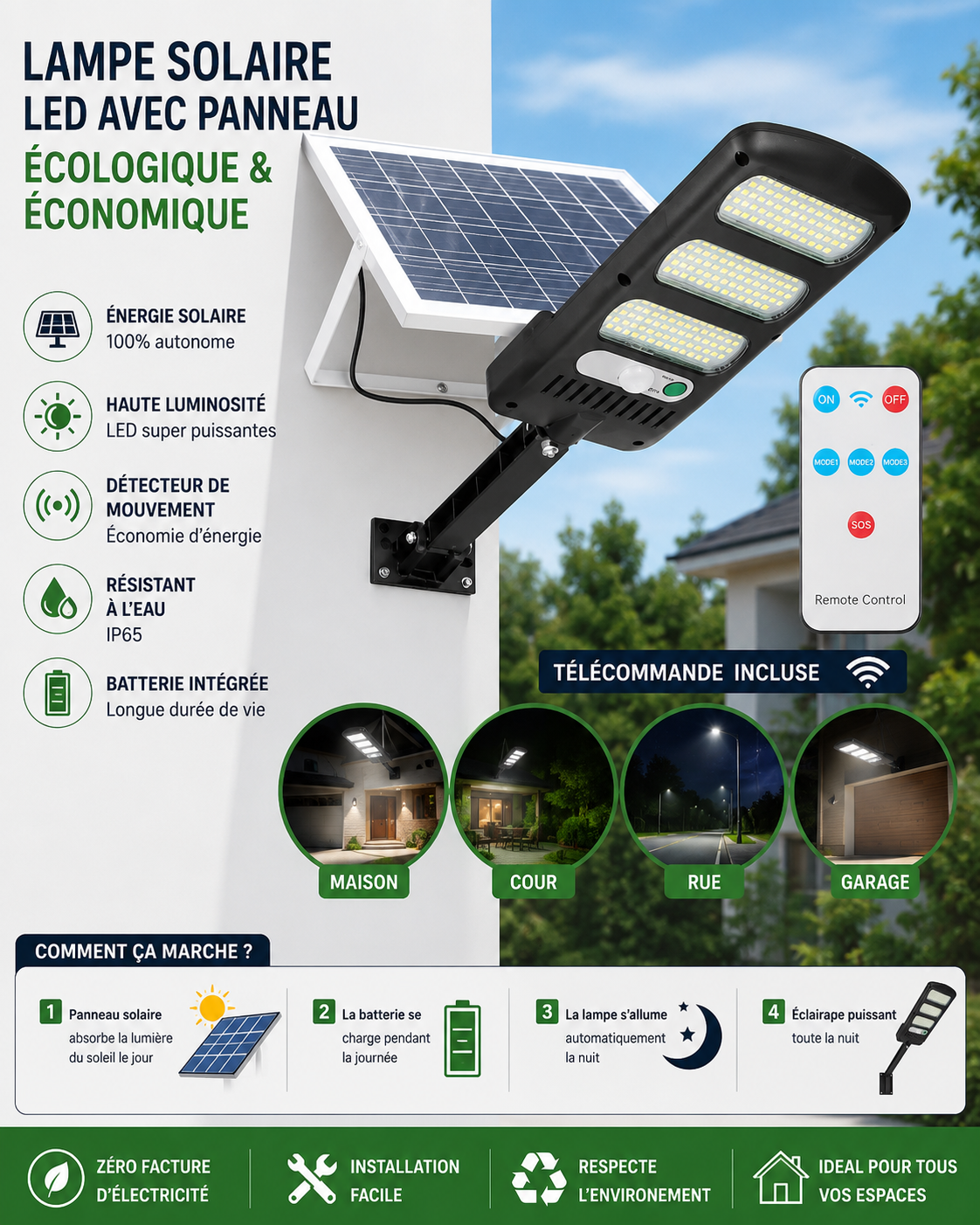 Lampe Solaire LED Ultra Puissante avec Détecteur de Mouvement