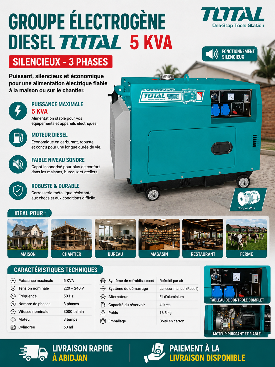TOTAL Groupe électrogène Gasoil 5KVA 3phases Silencieux TOTAL