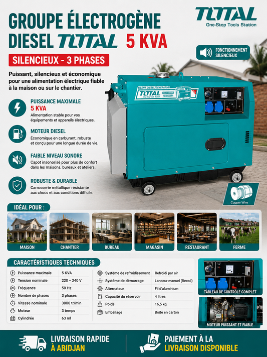 TOTAL Groupe électrogène Gasoil 5KVA 3phases Silencieux TOTAL