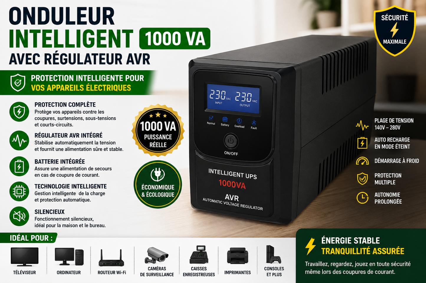 Onduleur Intelligent UPS 1000 VA avec Régulateur AVR